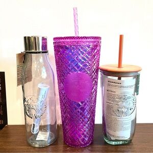 Lot of Starbucks Recycled Glass Water Bottle 20oz x2 + Pink 24oz Cup NWT